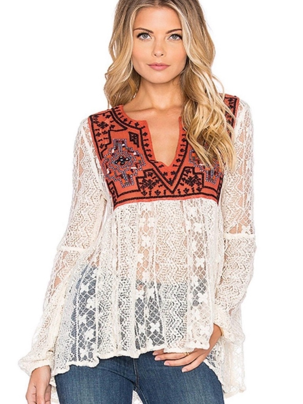 Free People Casablanca Lace Flowy Peasant Blouse in Ivory w/Embellished Yoke XS